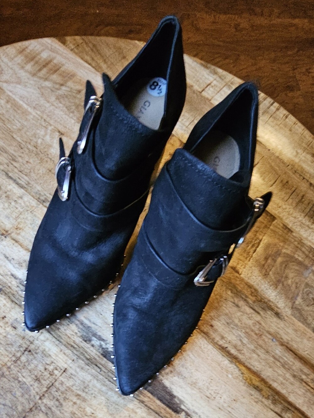 Gianni Bini Black Pointed Suede Ankle Booties with Silver Buckles - Picture 5 of 5